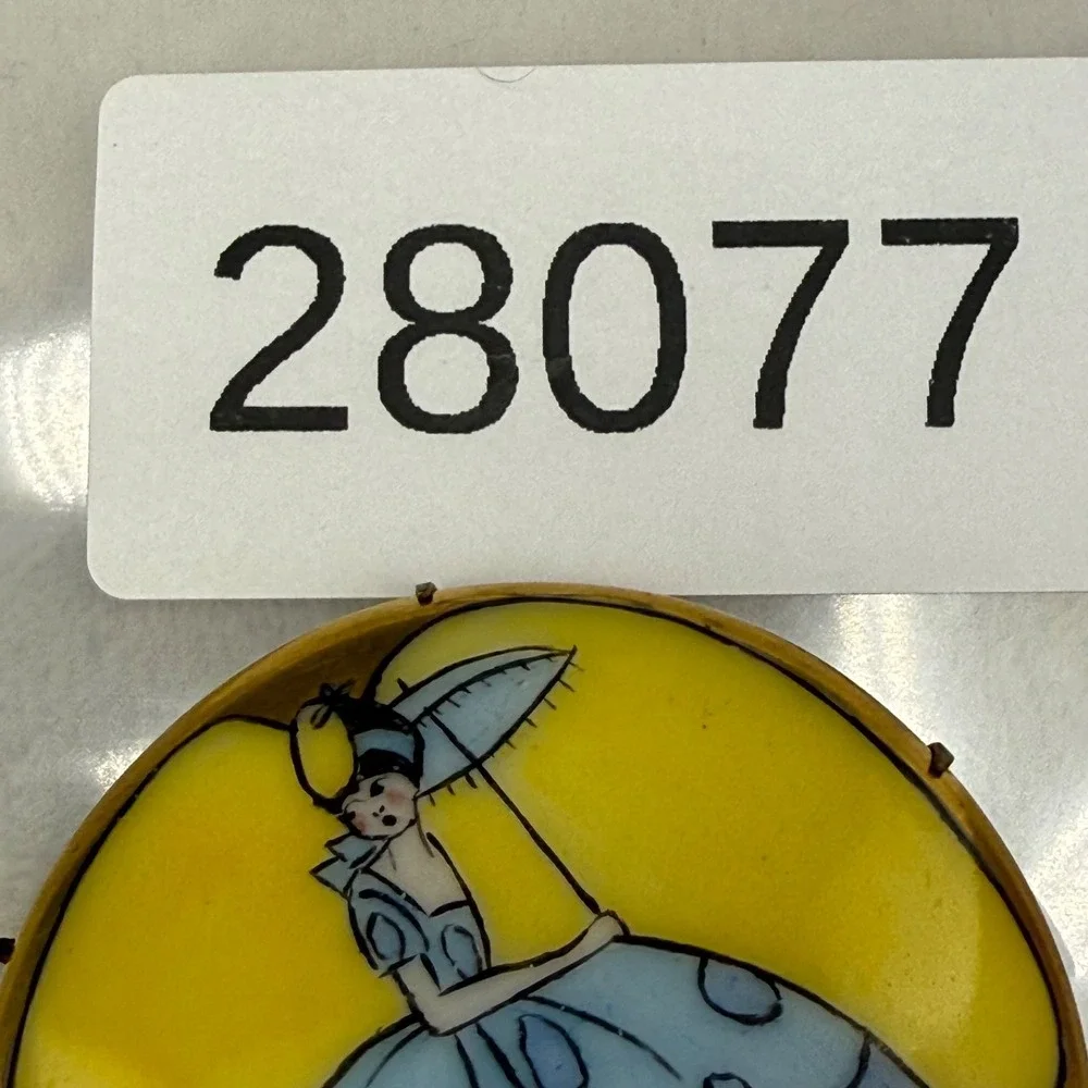 Vintage Victorian Painted Porcelain Brooch Yellow Woman With Umbrella